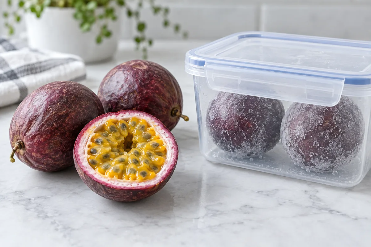 Whole purple passion fruit in a sealed freezer container beside a cut fruit