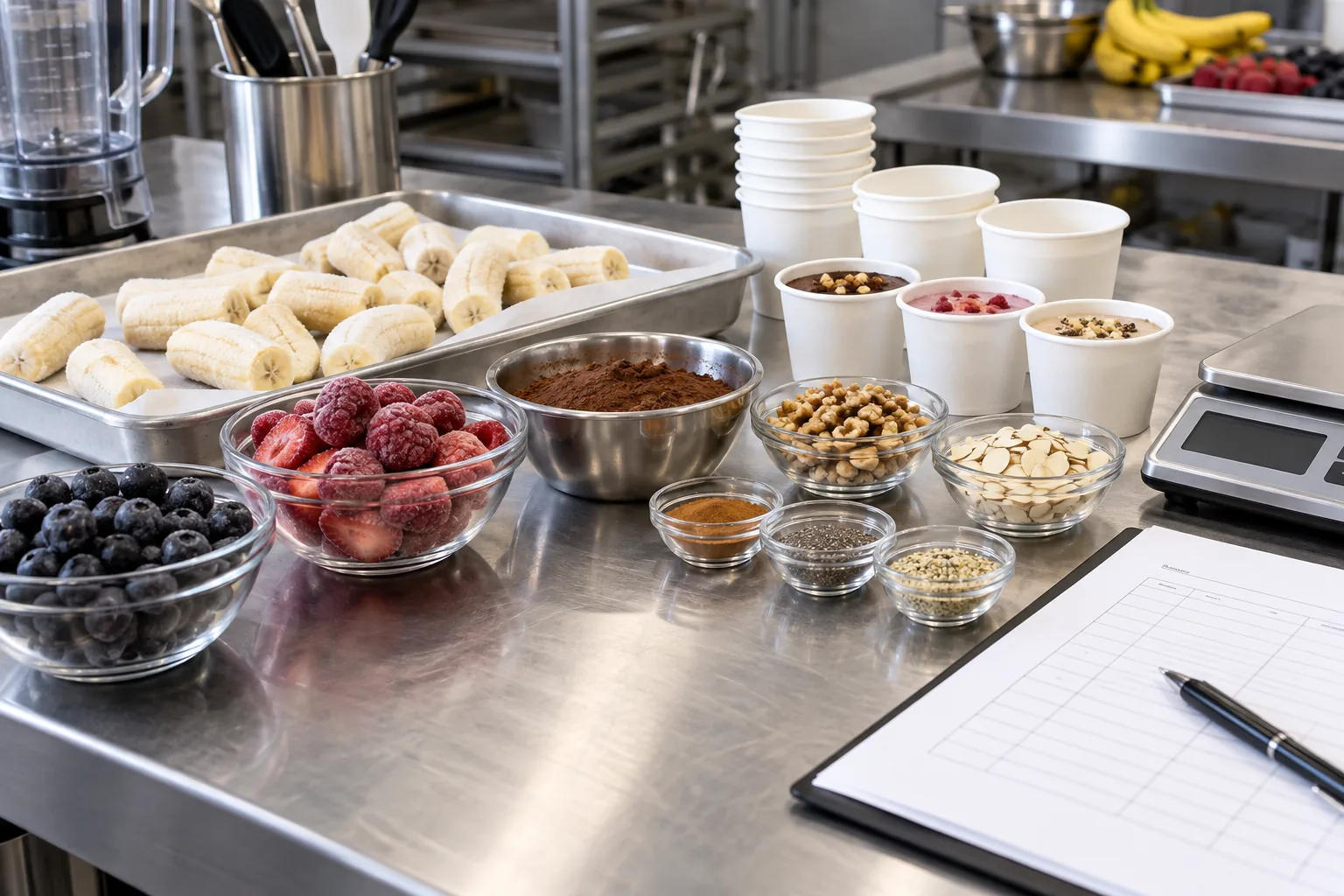 Commercial test kitchen with banana, fruit, cocoa, nuts, spice and blank formulation sheet