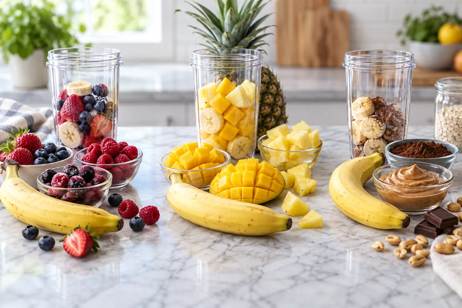Berry, tropical and cocoa-nut banana smoothie ingredient stations