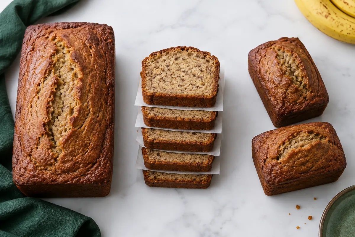 Whole banana bread loaf, separated slices and mini loaves compared