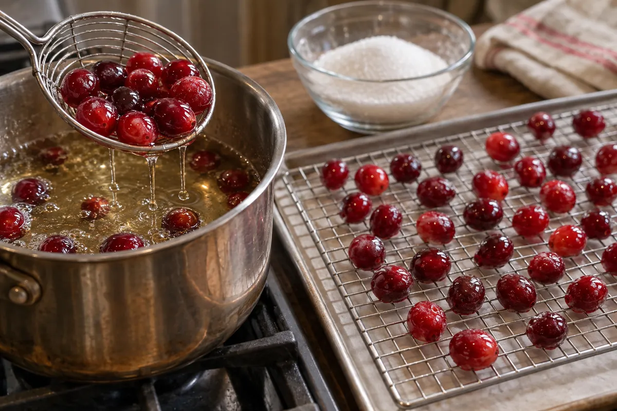 Cranberries coated in syrup and dried on a rack - process evidence Cranberries coated in syrup and dried on a rack