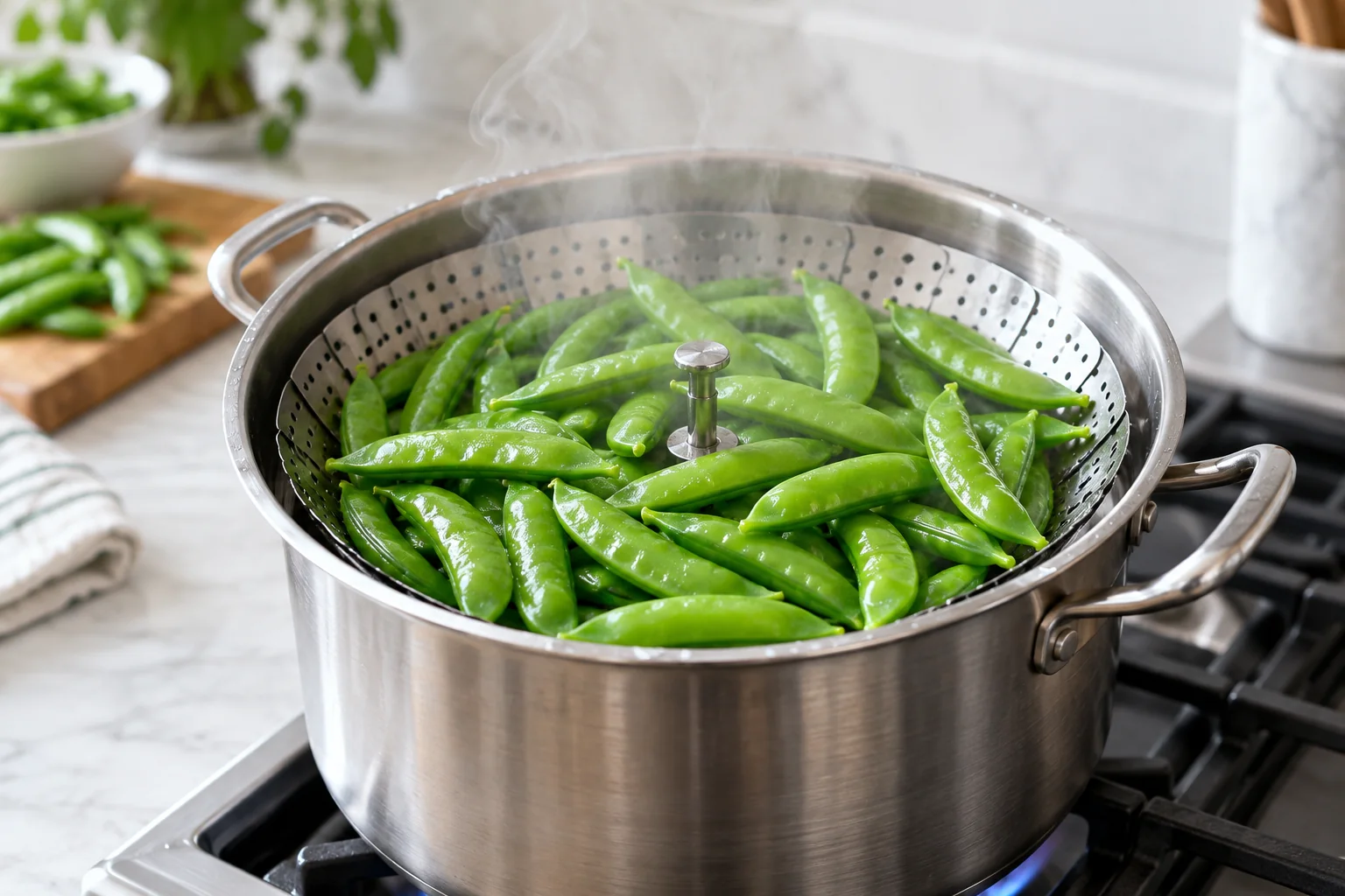 Fresh sugar snap peas in a perforated steamer basket above gently boiling water, vivid green and crisp, with a clean kitchen and visible steam but no text Fresh sugar snap peas in a perforated steamer basket above gently boiling water, vivid green and crisp, with a clean kitchen and visible steam but no text