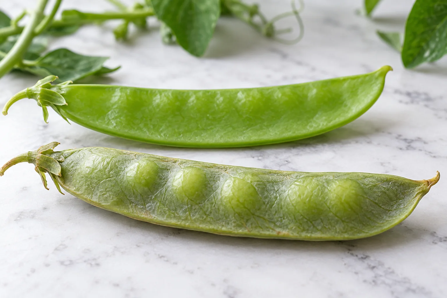 Close inspection of an ideal flat glossy pod beside an overmature pod with visible seed swelling, tougher seam and dull surface, no text