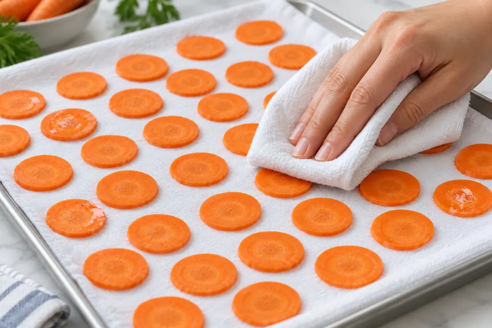 Fresh thin carrot slices spaced and blotted on a clean tray