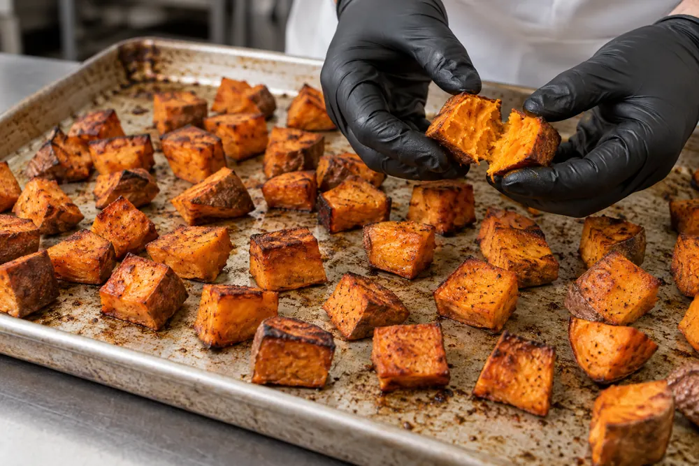A roasted sweet potato cube is split to inspect its center