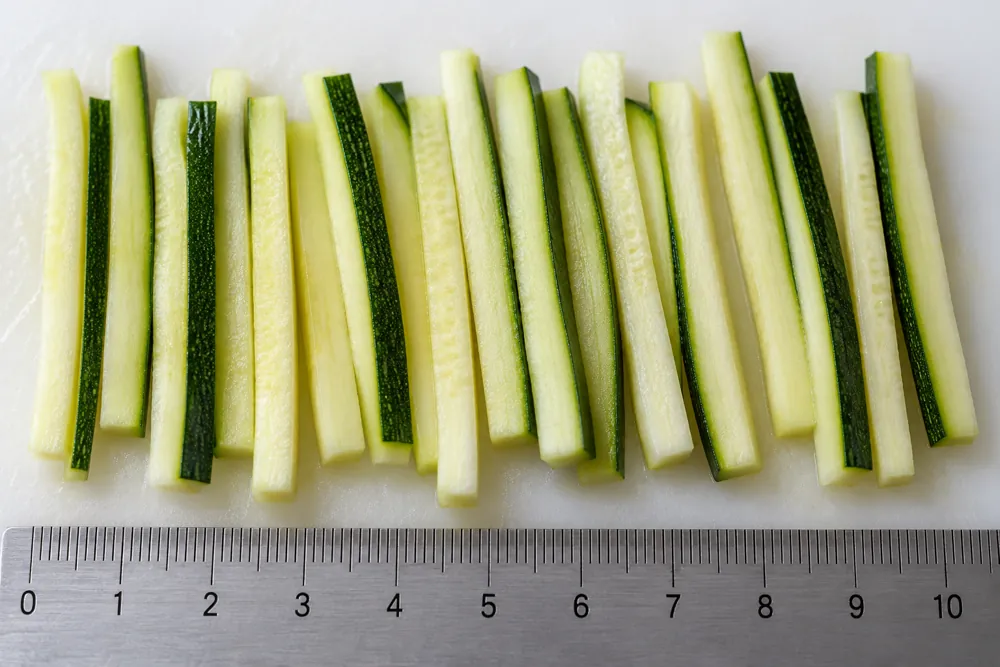 Zucchini matchsticks aligned beside a metric ruler