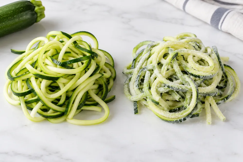 Fresh and frozen portions of spiralized zucchini