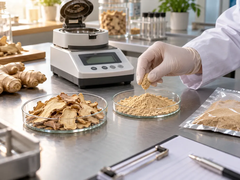 Dried ginger samples and a moisture instrument on a clean bench