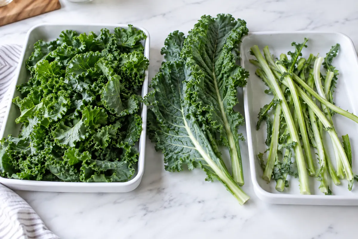 Kale leaves and thick stems separated after trimming
