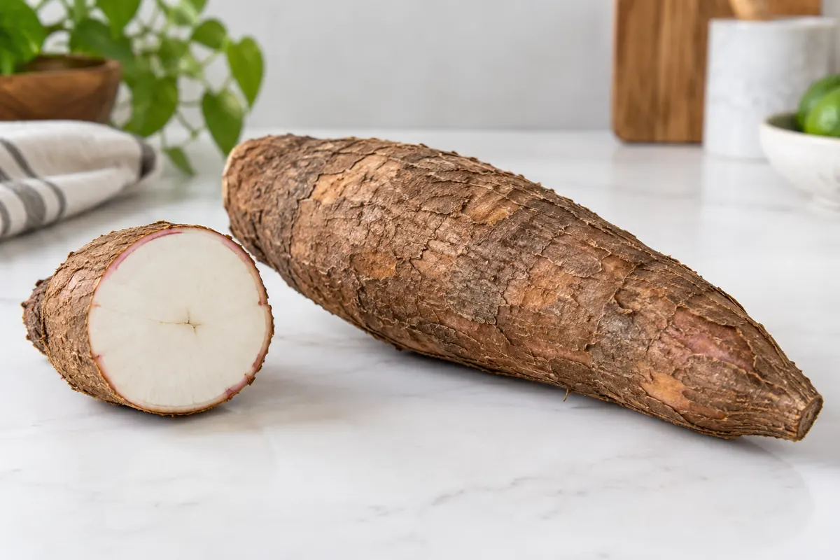 Fresh cassava root with bark-like skin and white cut face
