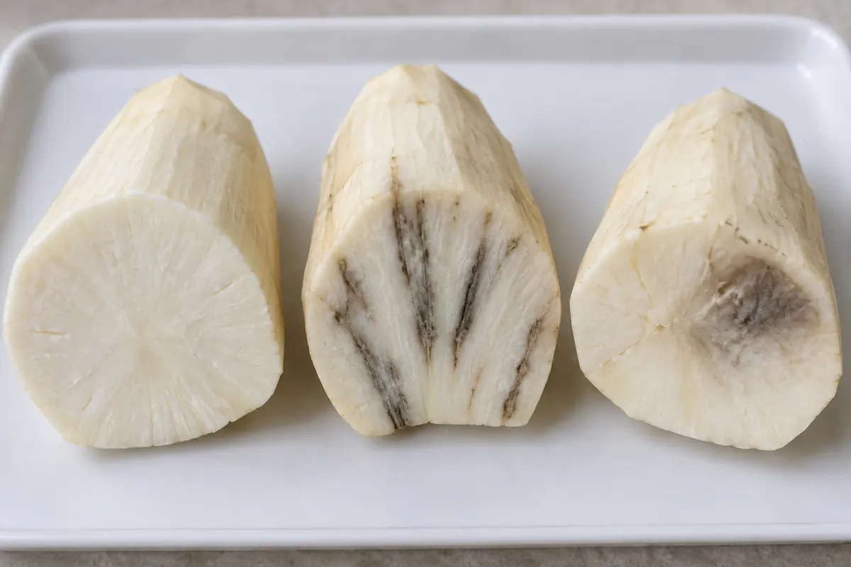 Peeled cassava pieces showing clean flesh and dark interior streaks