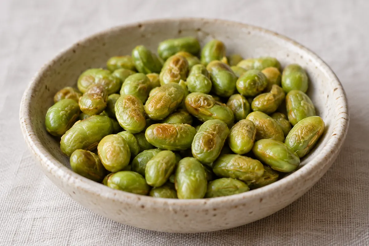 Close view of dry roasted shelled edamame with golden spots