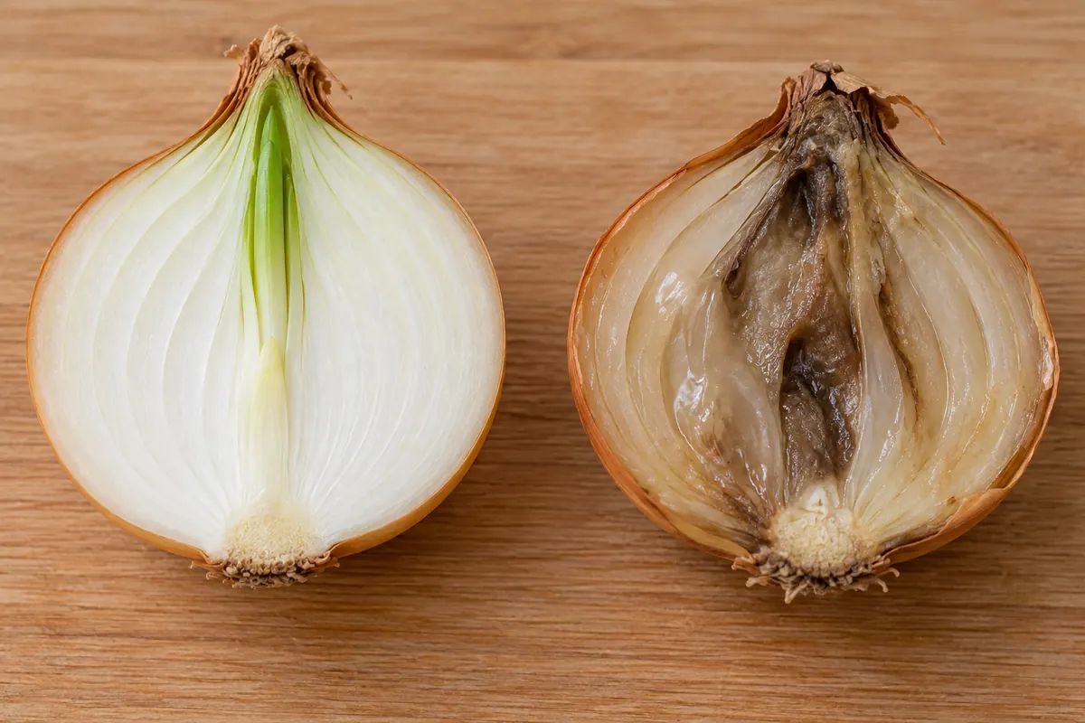 Firm onion with a green sprout beside an onion with wet internal rot