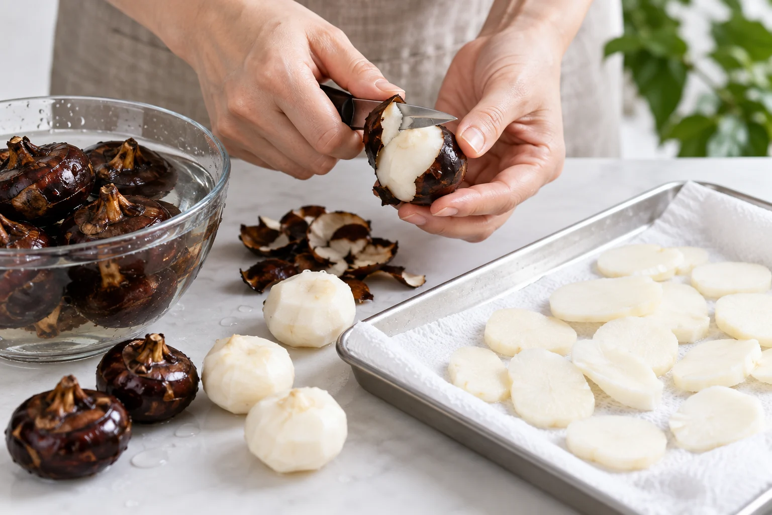 Fresh water chestnuts peeled and sliced before freezing