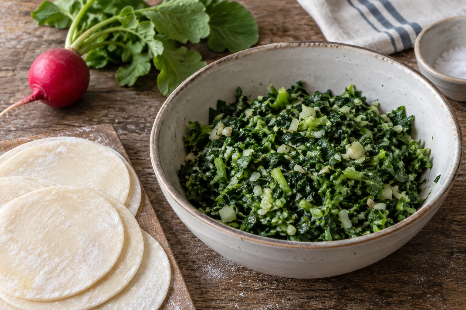 Chopped cooked radish greens mixed into dumpling filling
