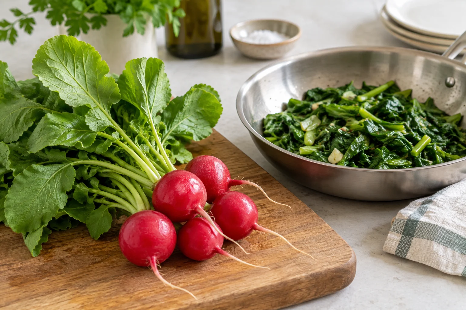 Fresh radish leaves beside a pan of cooked greens Fresh radish leaves beside a pan of cooked greens