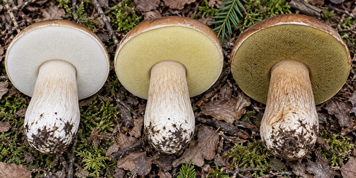 Pores from white to yellow and olive