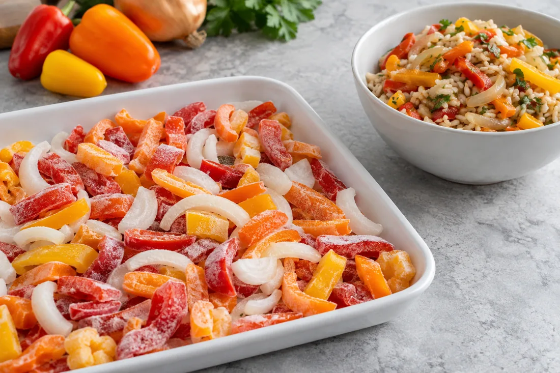 Frozen colored pepper pieces with onion strips and a cooked rice dish