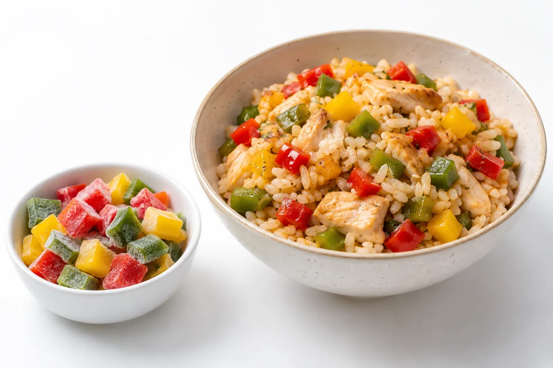 Colored bell pepper dice in a rice ready meal beside frozen dice