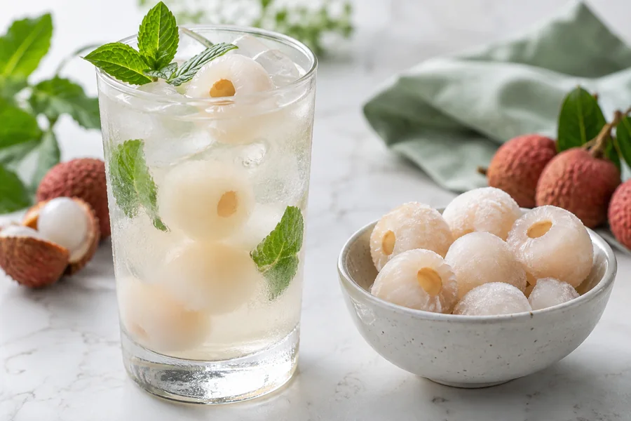 Peeled lychee arils beside a chilled beverage