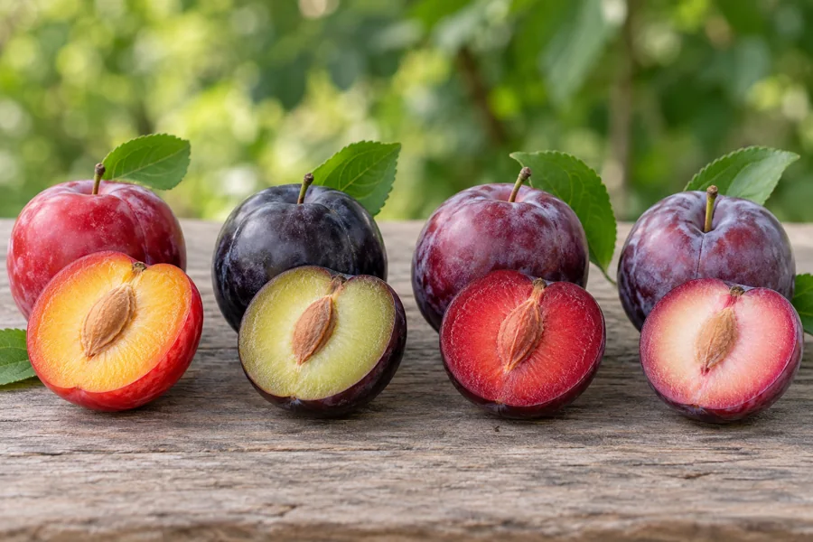 Plum types with red, black and purple skins and varied flesh colors