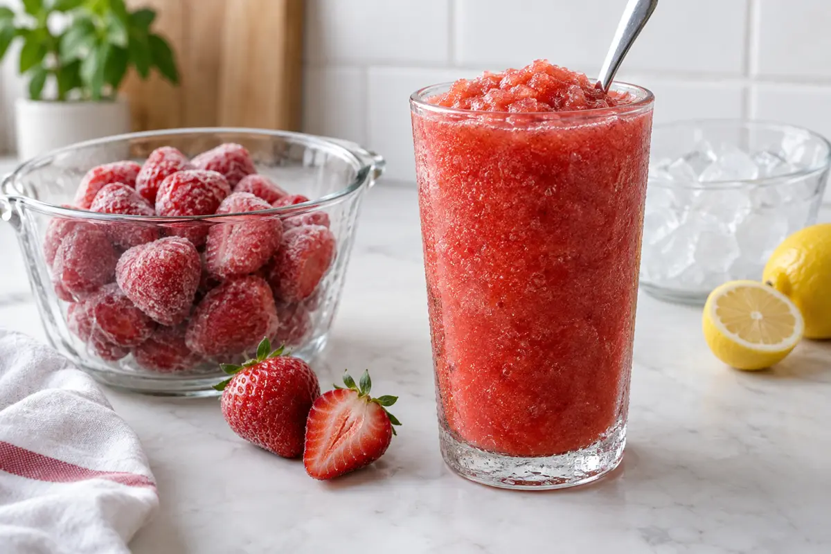 Frozen strawberry slushie in clear glass.