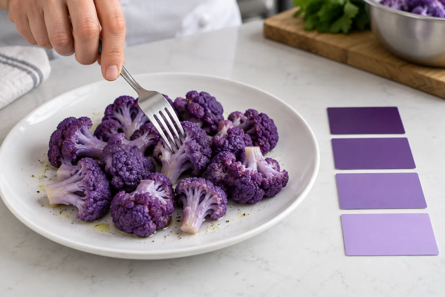 Fork check of purple cauliflower beside blank color swatches