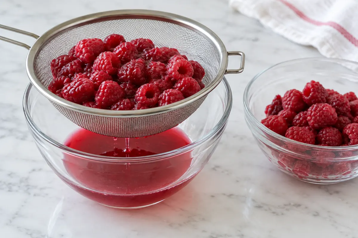Thawed raspberries drained over a bowl of released juice