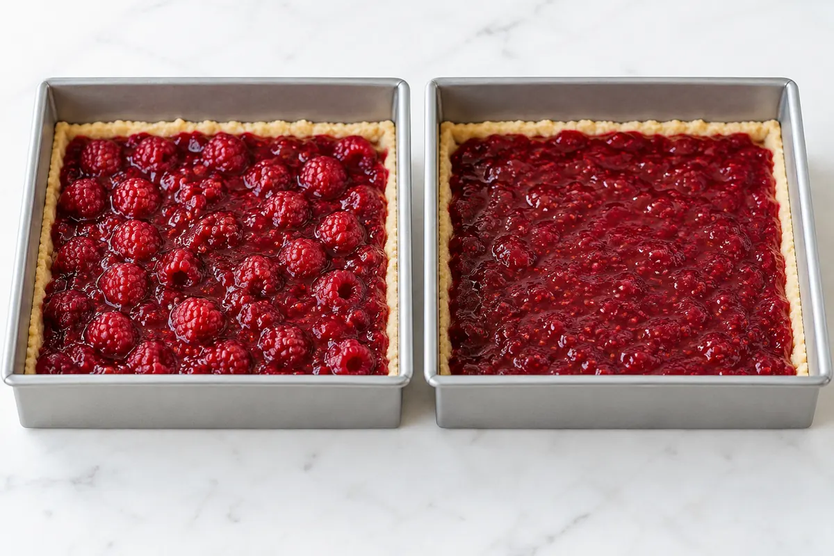 Visible whole raspberry and smoother preserve blend in separate bar pans