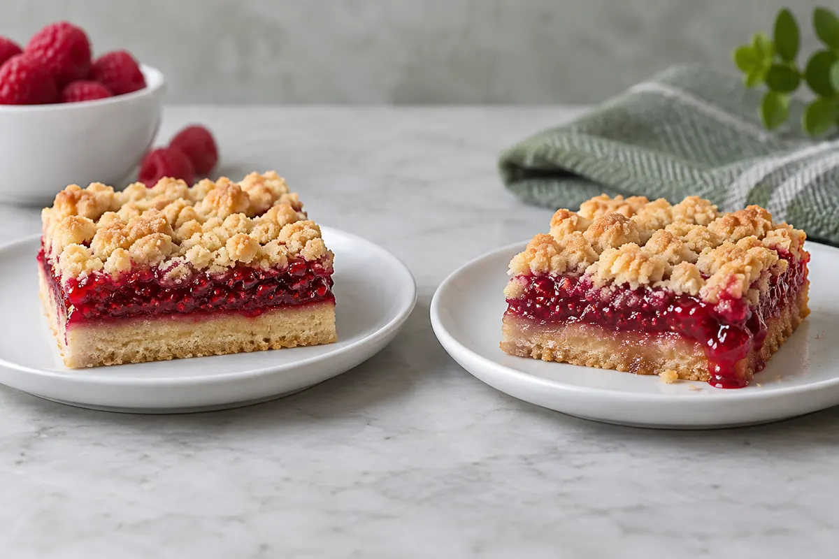 Held raspberry bars with clean edge and with fruit ooze