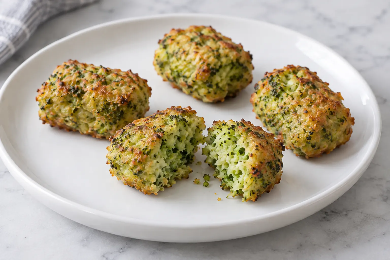 Baked broccoli tots with visible broccoli interior Baked broccoli tots with one cut open to show cohesive broccoli particles