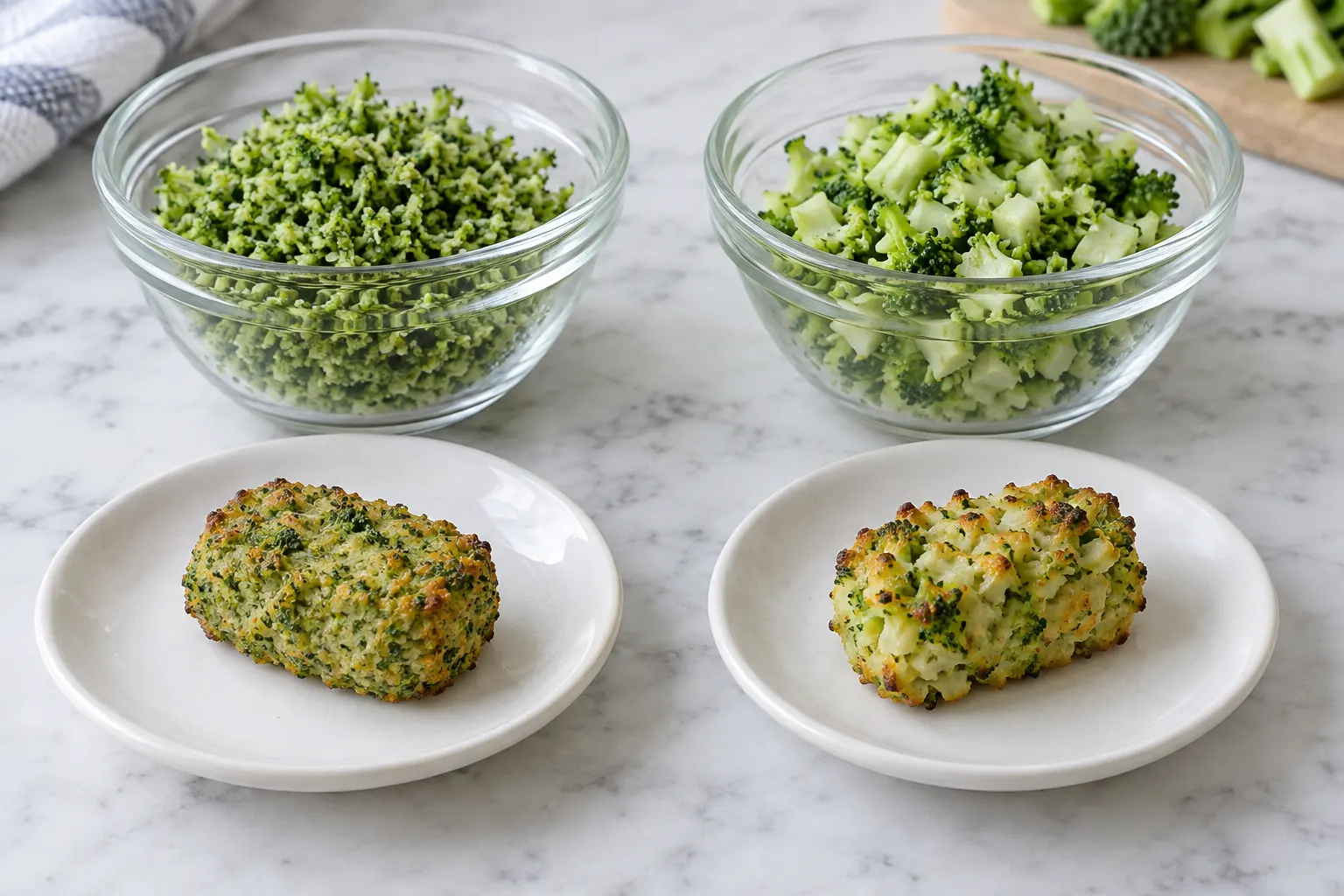 Two chopped broccoli particle styles with corresponding formed tots