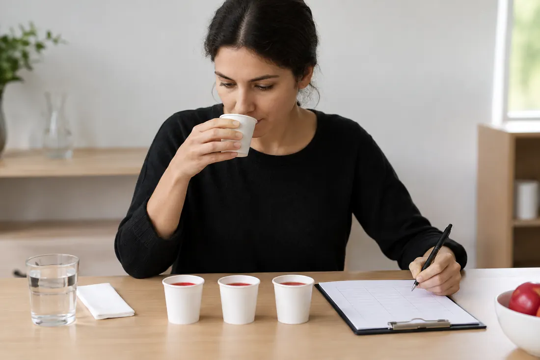 Fruit beverage tasting with neutral sample cups