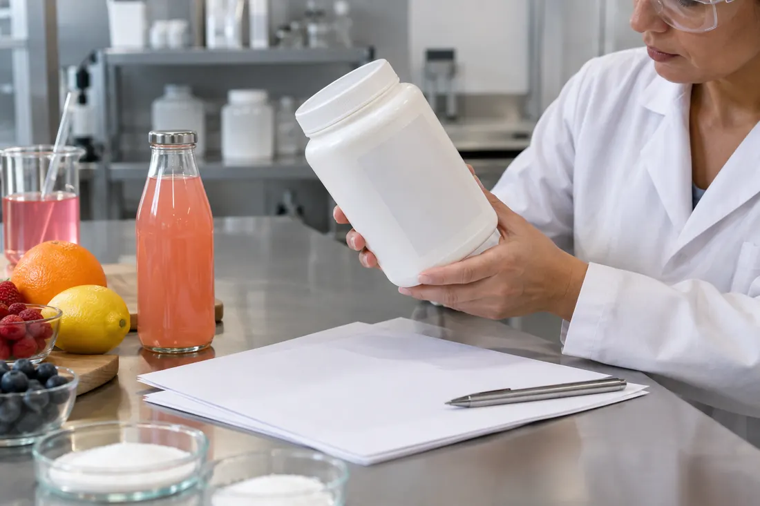 Food technologist reviewing acid ingredient and formula records