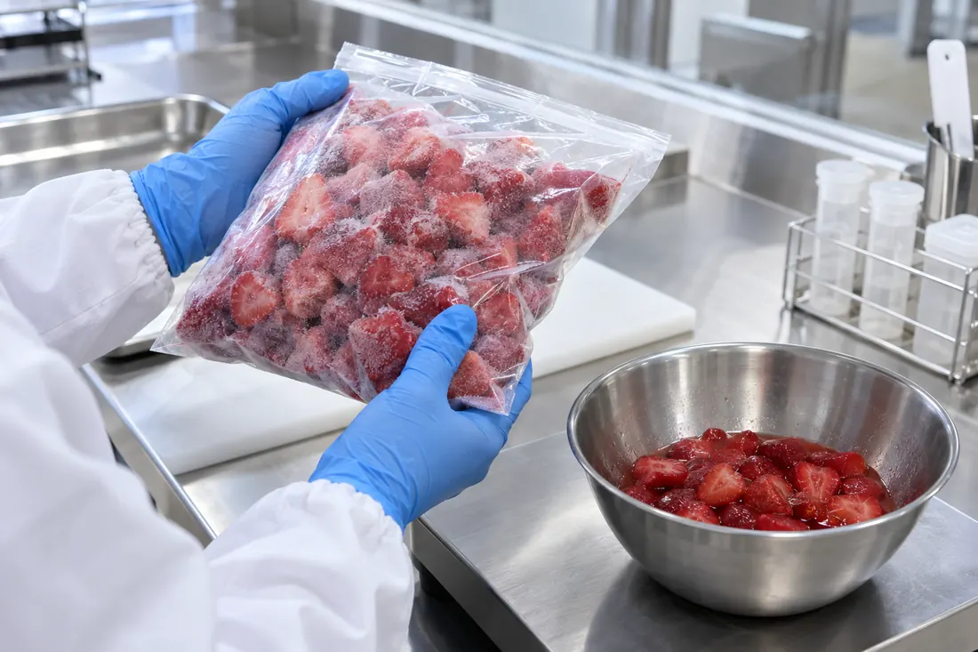 Frozen strawberry ingredient checked before unheated use