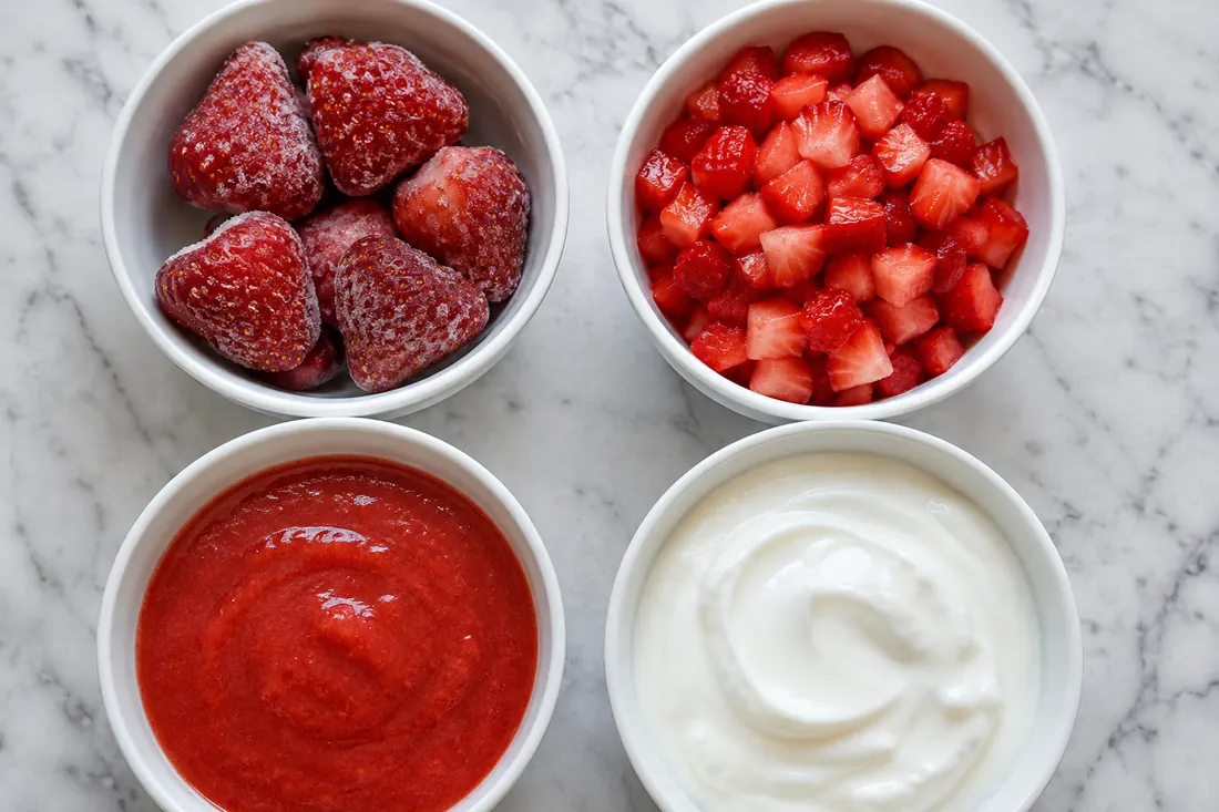 Whole strawberries, dice and puree compared for yogurt bites