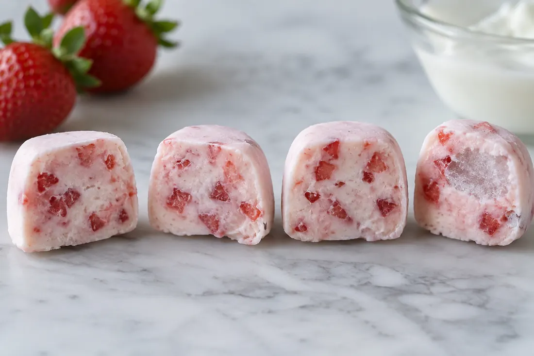 Strawberry yogurt bite cross sections showing fruit distribution